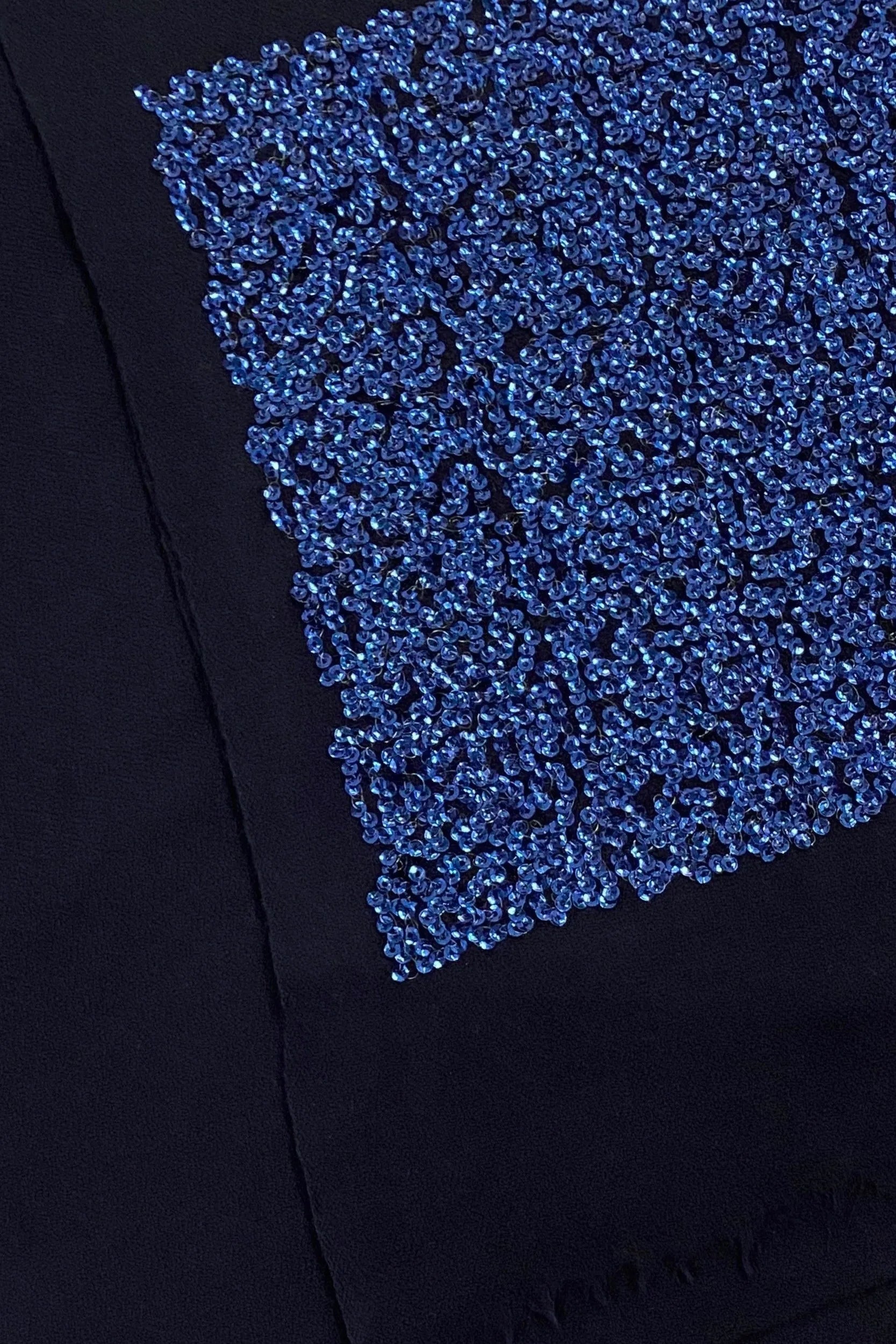 Fee G navy pashmina scarf with blue sequin embellishment close-up