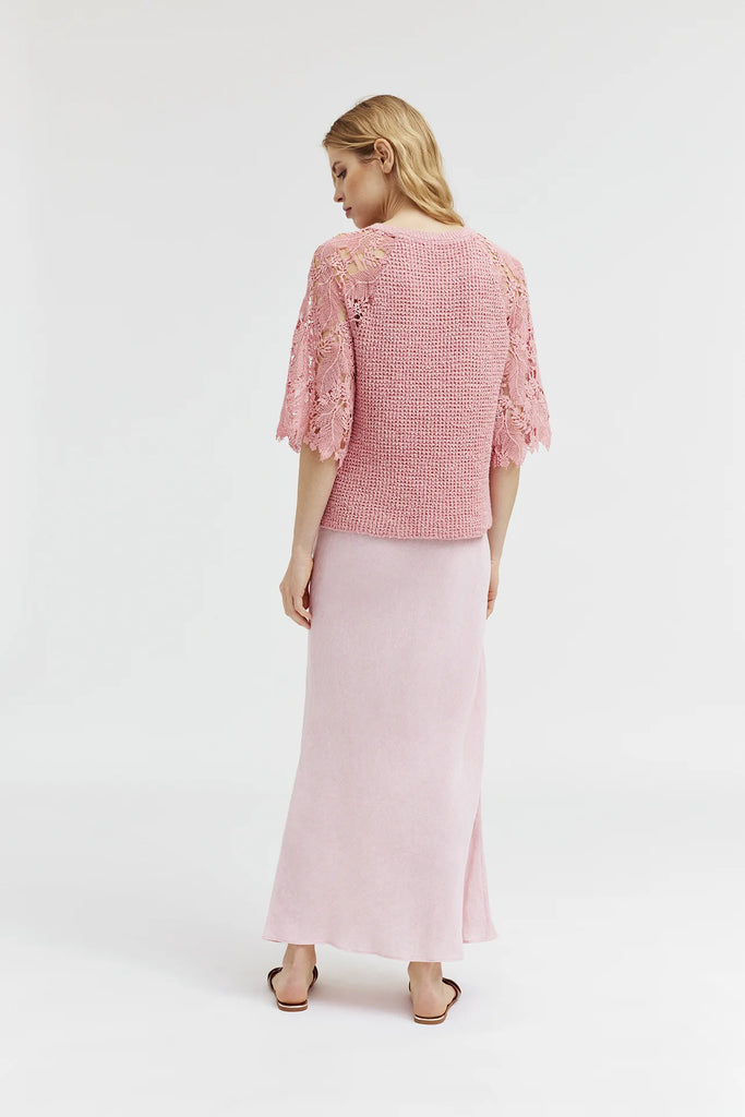 Gustav Pink Knitted Top With Lace Sleeve From The Back