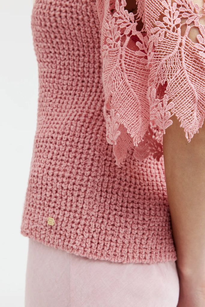 Gustav Pink Knitted Top With Lace Sleeves