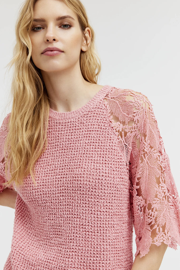 Gustav Pink Knitted Top With Lace Sleeve