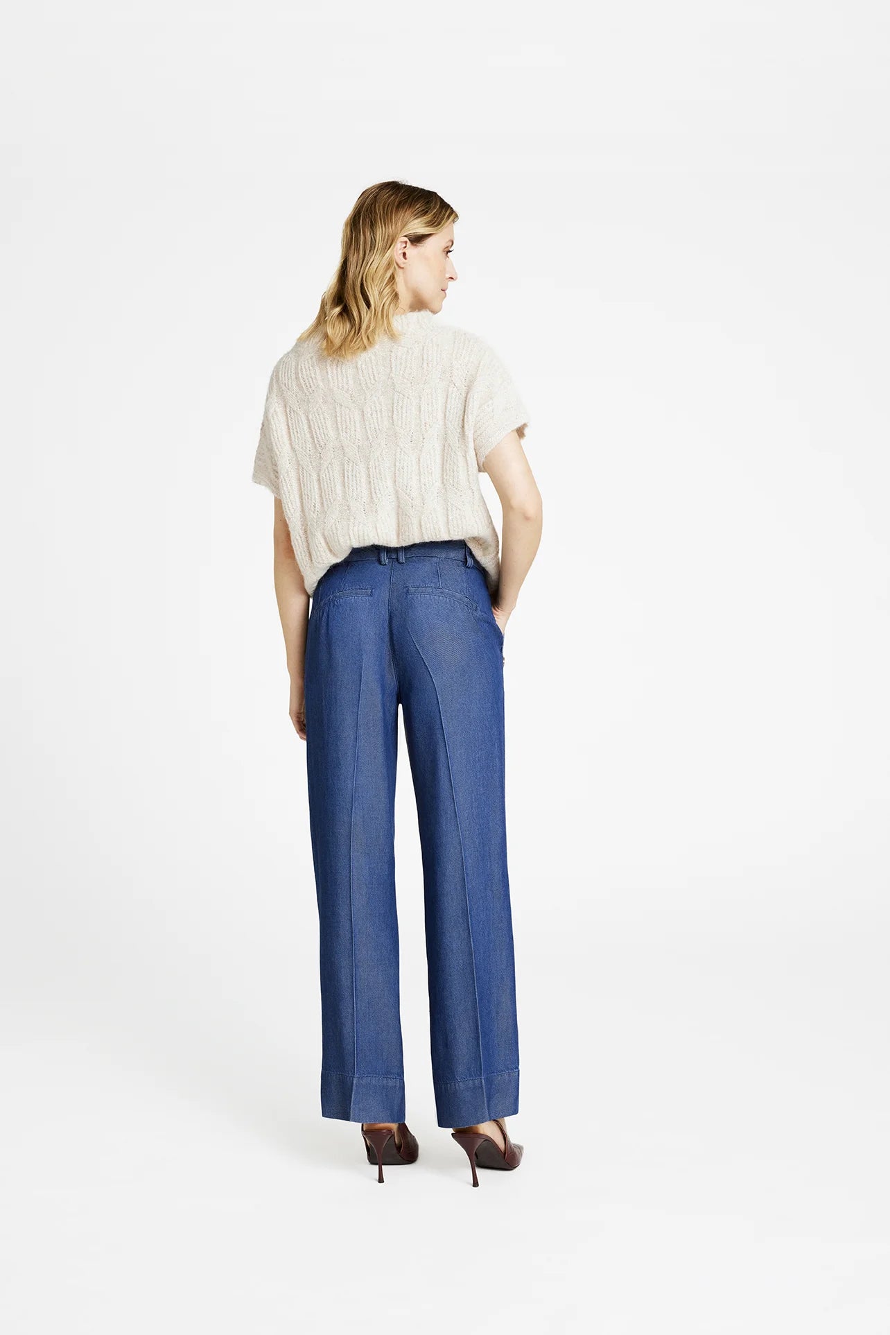 Back view of Gustav Cali denim trousers in soft blue lyocell