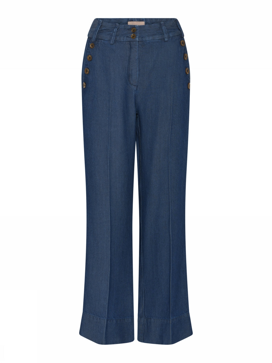 Flat lay of Gustav Cali blue wide-leg denim trousers