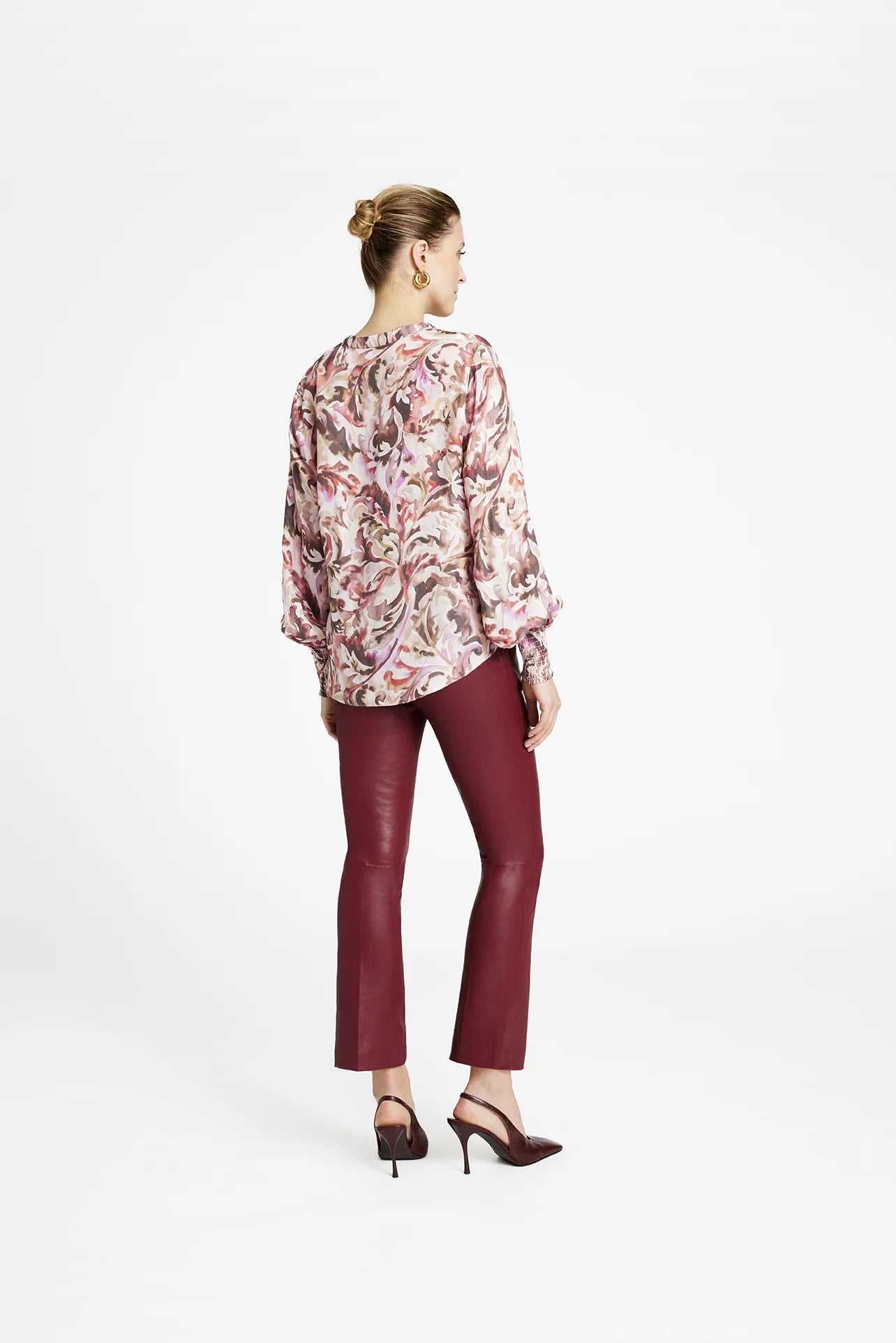 Back view Gustav Cana cream and pink leaf print blouse with V-neckline and shirred cuffs