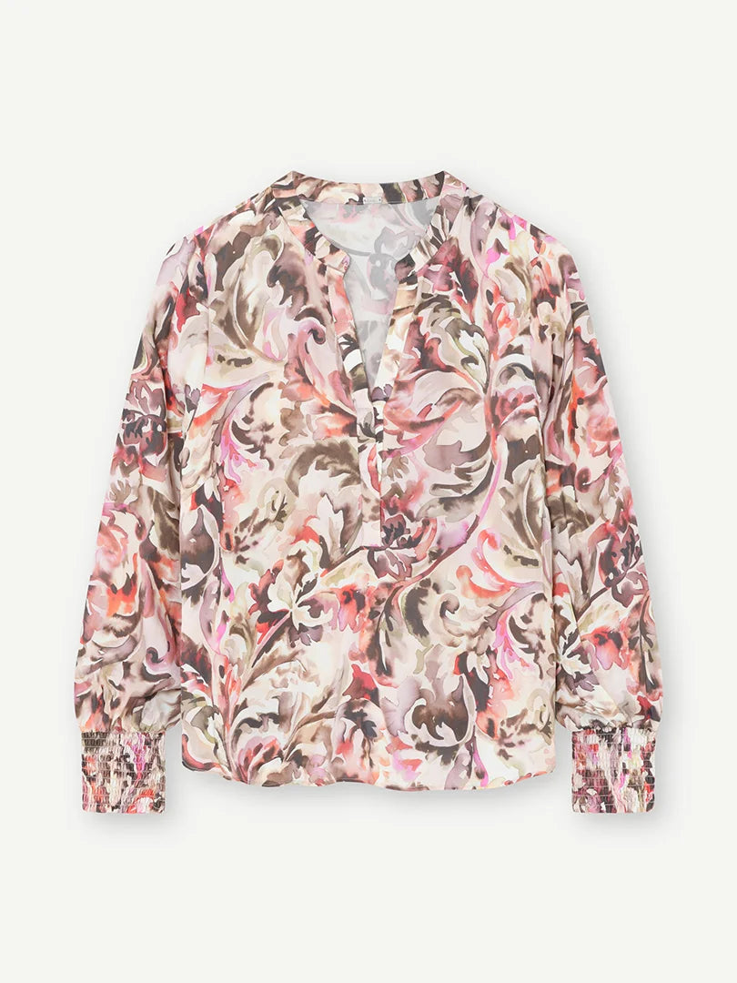 Flat Lay Gustav Cana cream and pink leaf print loose blouse with V-neckline and elastic cuffs