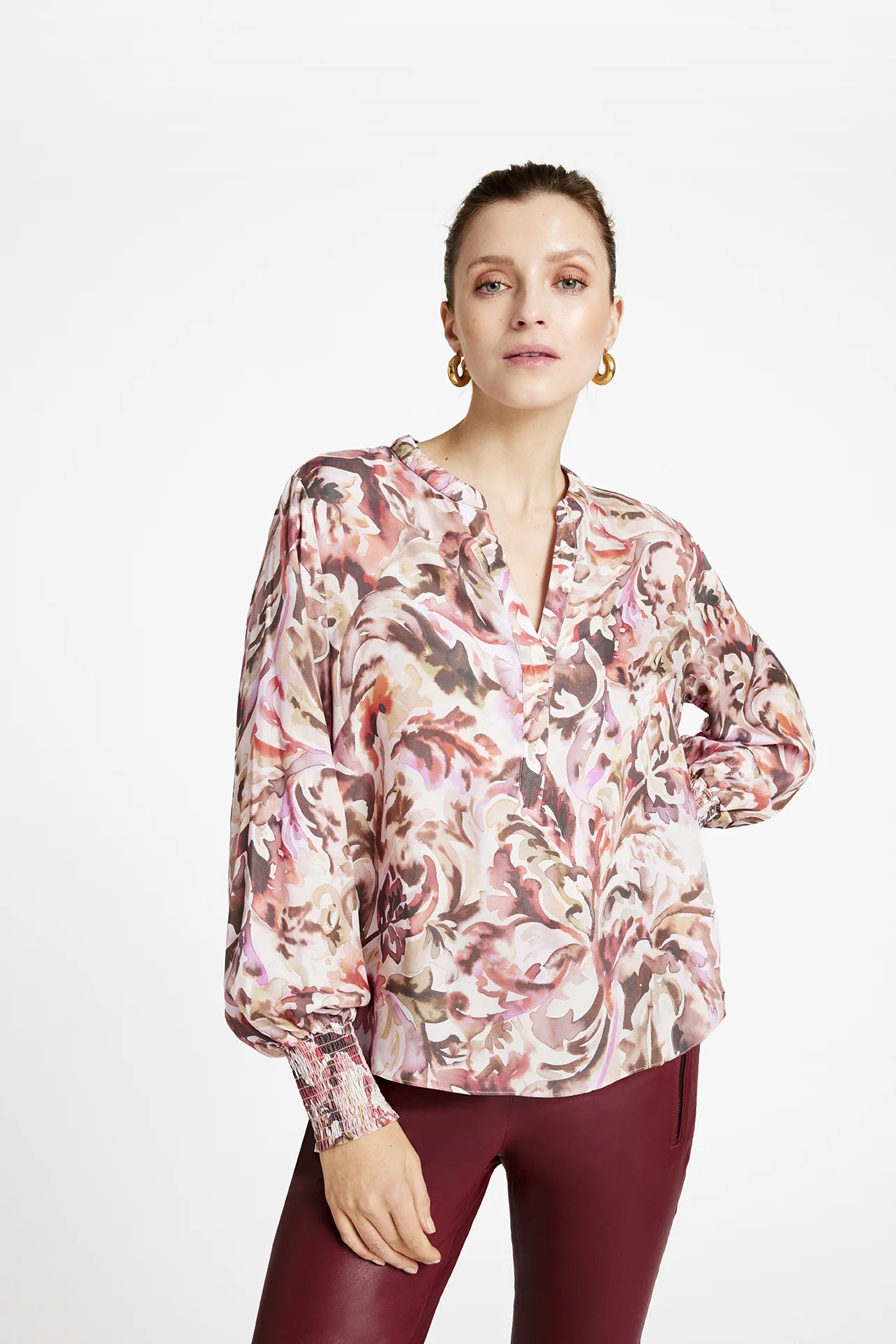 Gustav Cana cream and pink leaf print blouse with V-neckline and shirred cuffs