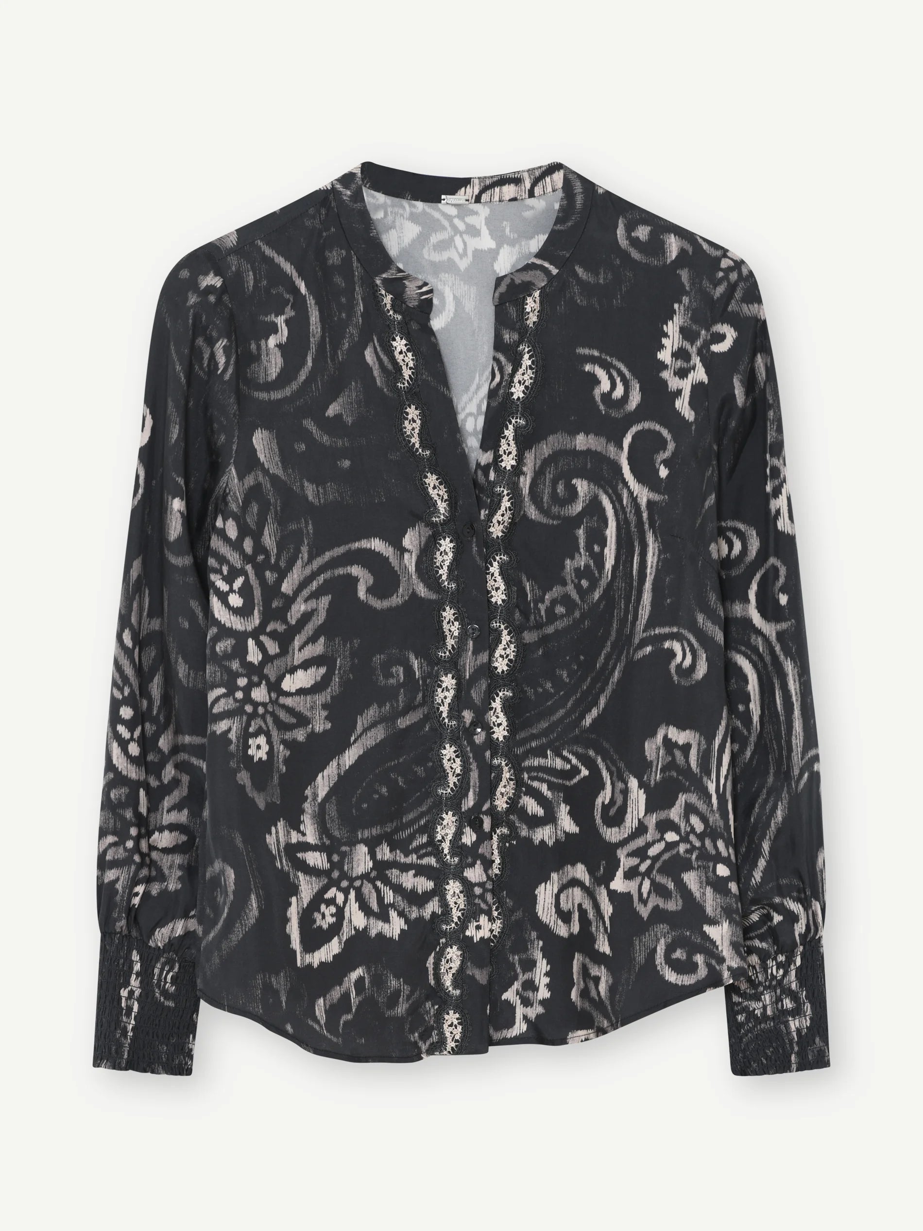 Front view of Gustav Carmen grey paisley print loose fit blouse with V-neckline and flared sleeves.