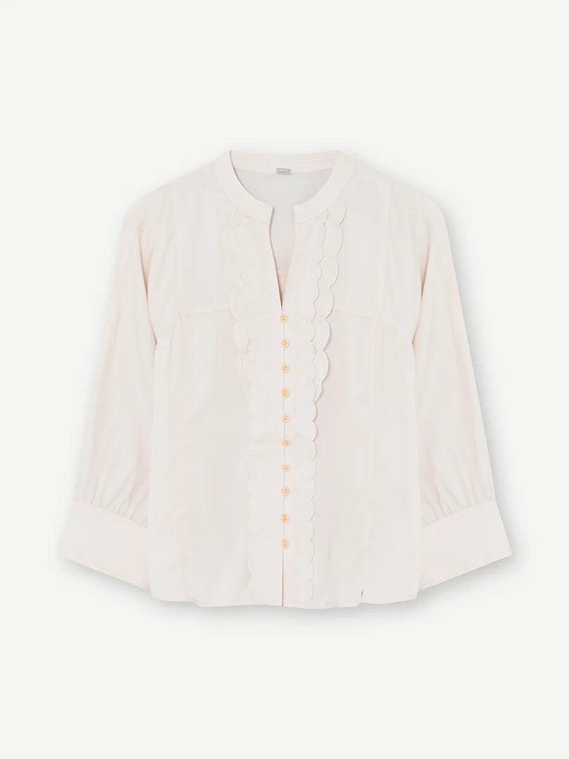 Flat-lay of Gustav Kaisa cream lyocell blouse showing scalloped button placket and 3/4 cuffed sleeves.