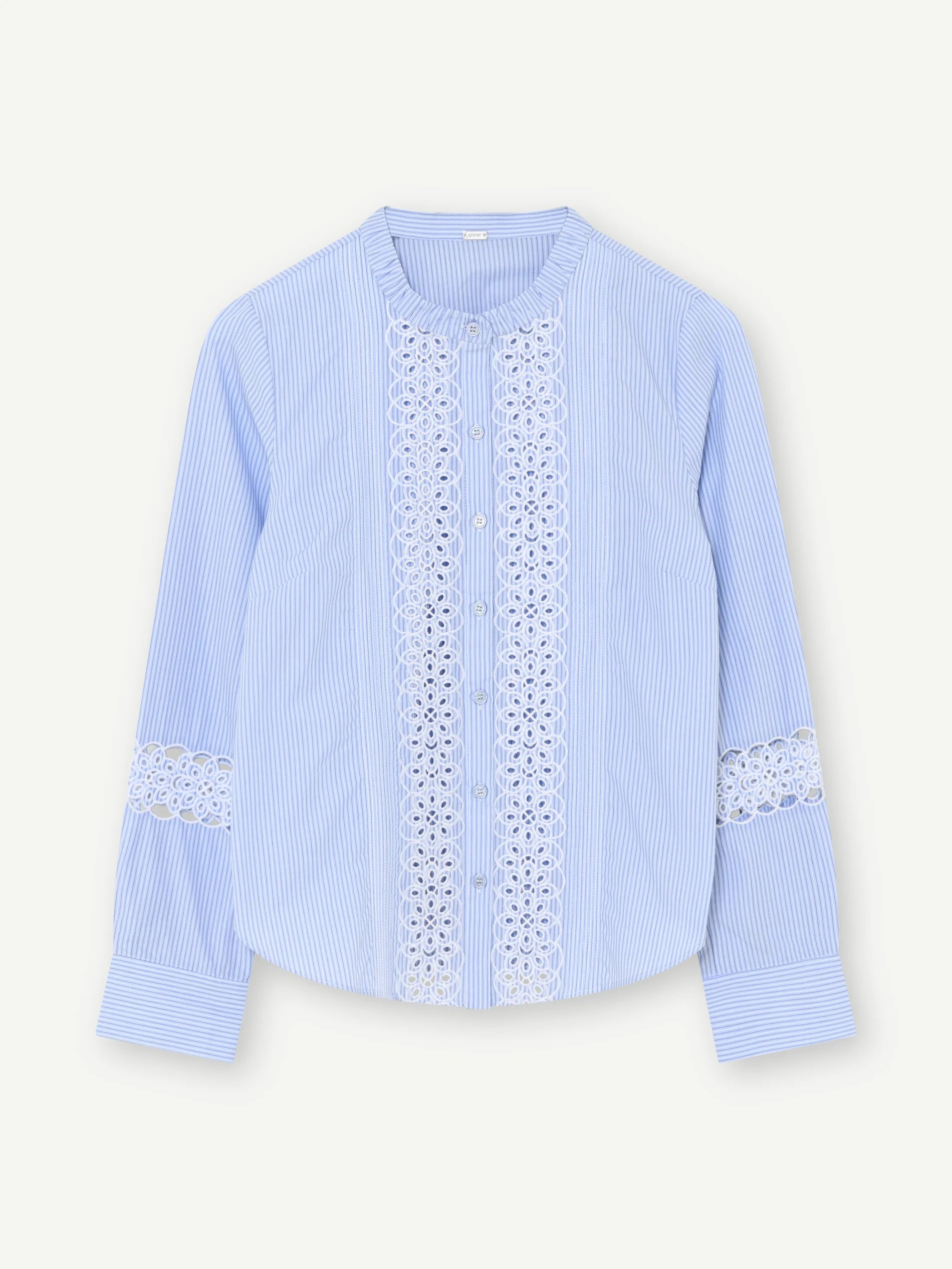 Gustav Carmen blue and white pinstripe shirt with lace panels and mandarin collar