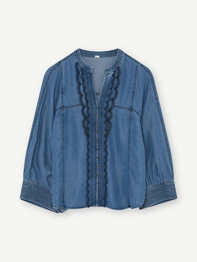 Gustav Kaisa lyocell blue frilled relaxed fit shirt front view