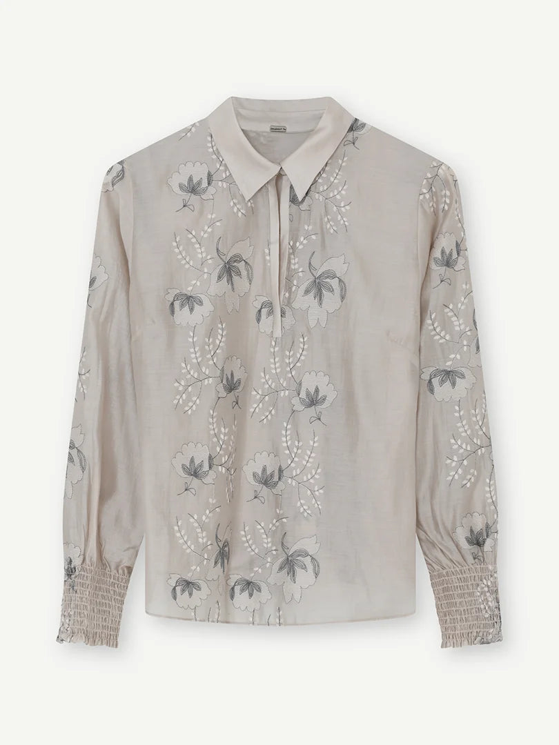 Gustav Bayanna floral motif blouse flat lay, sheer long sleeve blouse with delicate floral print