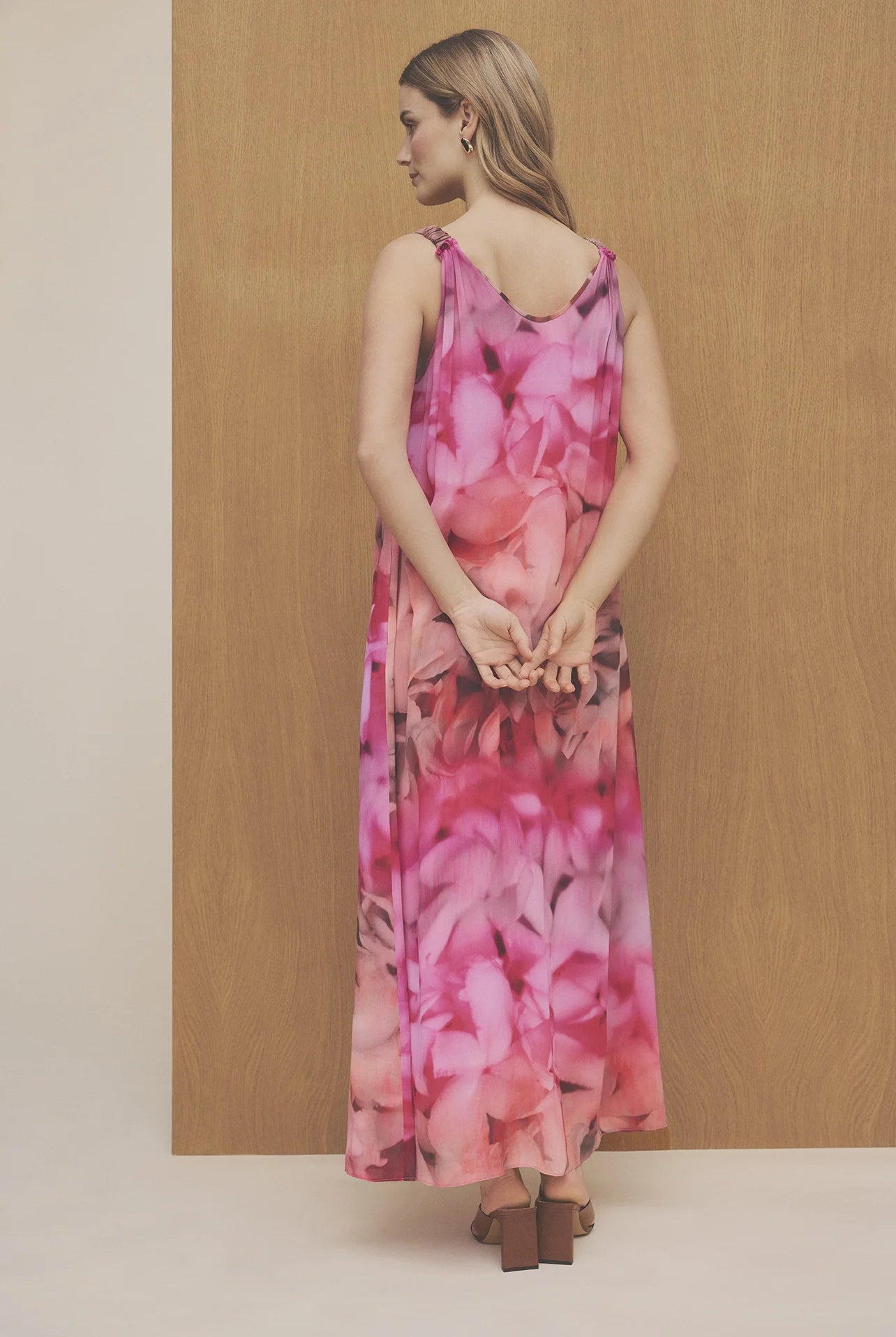 Gustav pink floral sleeveless maxi dress full length front pose