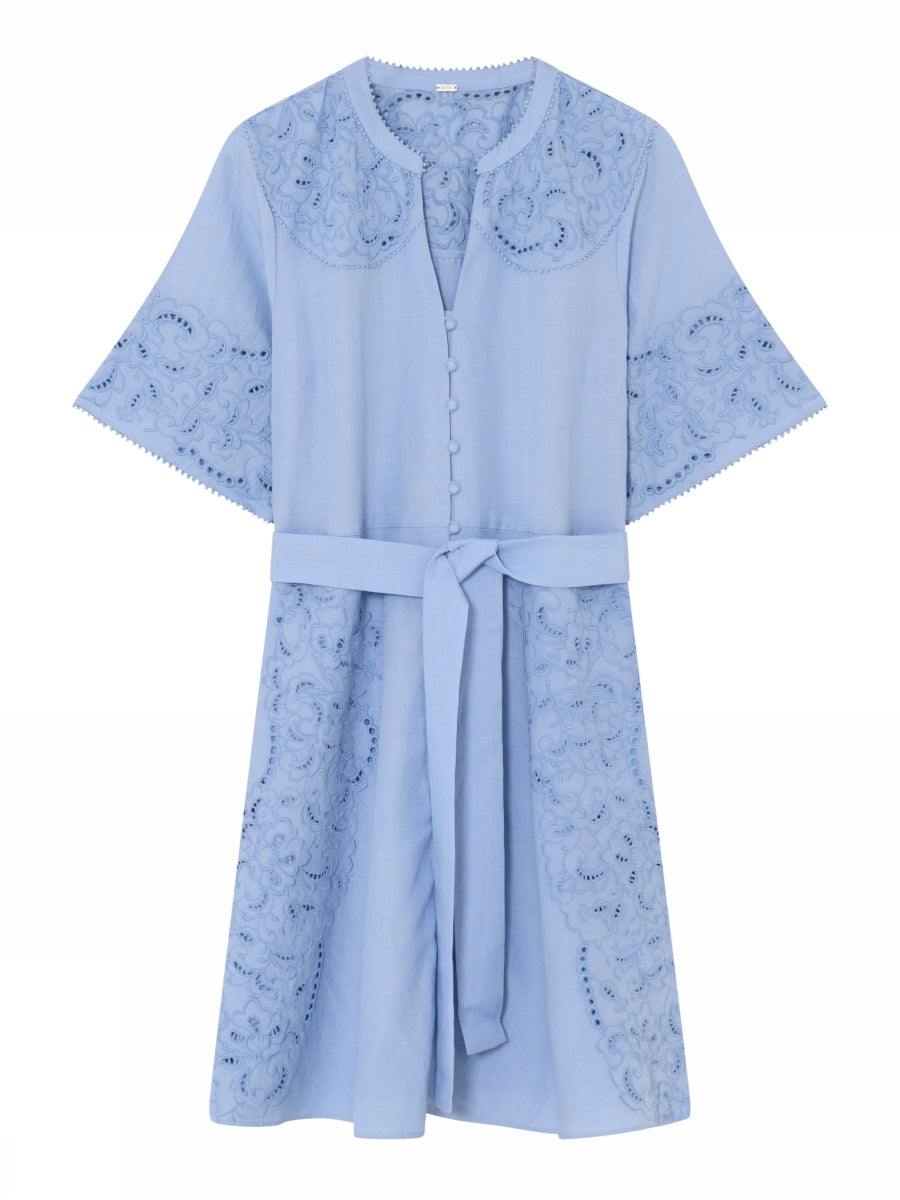 Gustav Gyra blue lace belted knee length dress front view