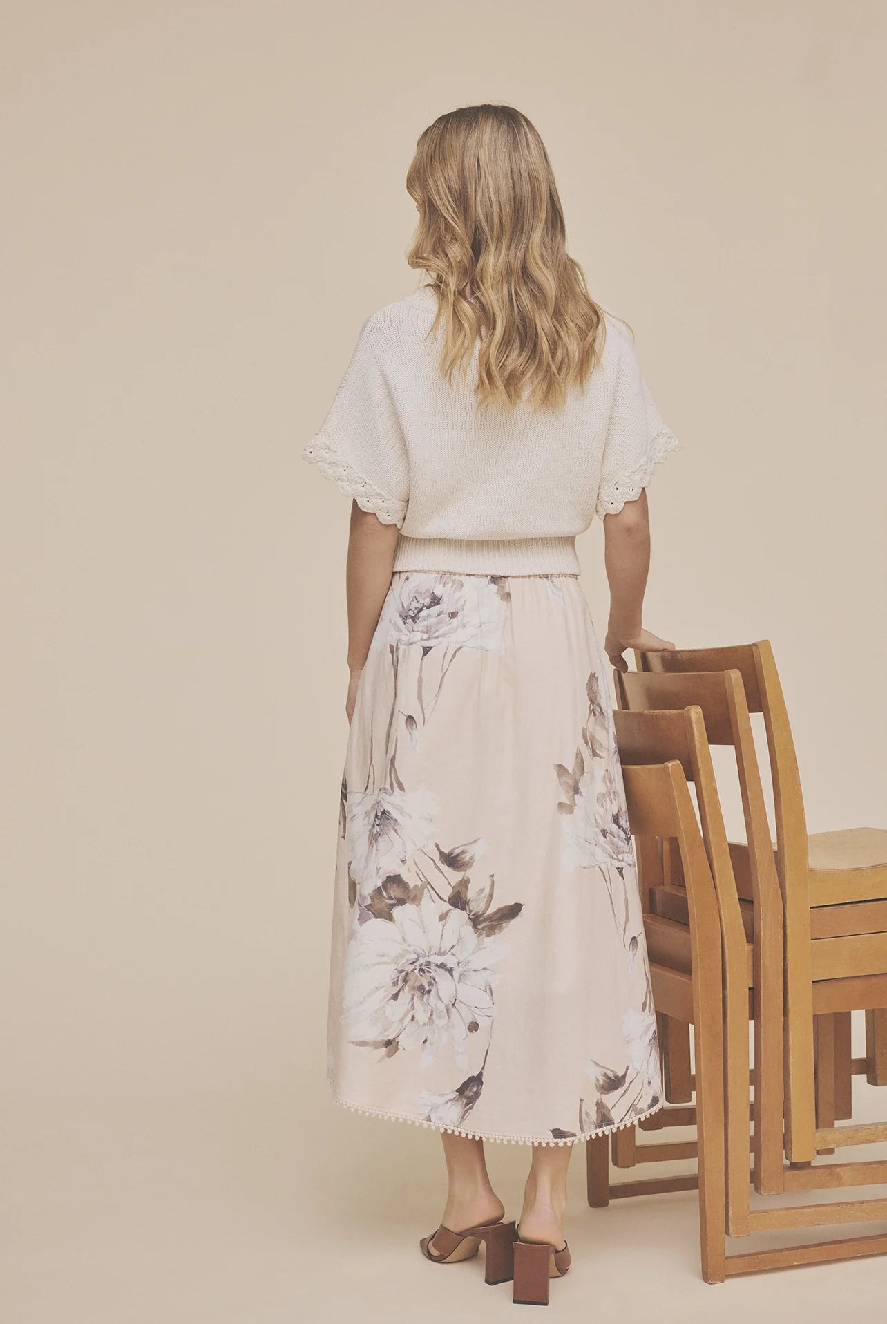 Gustav cream floral pleated skirt back view midi length