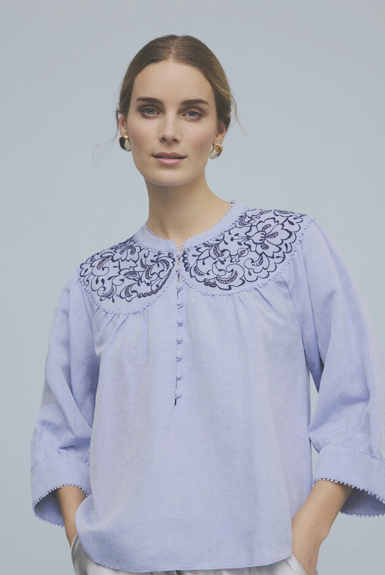 Gustav Annsophie blue embroidered collar blouse front view