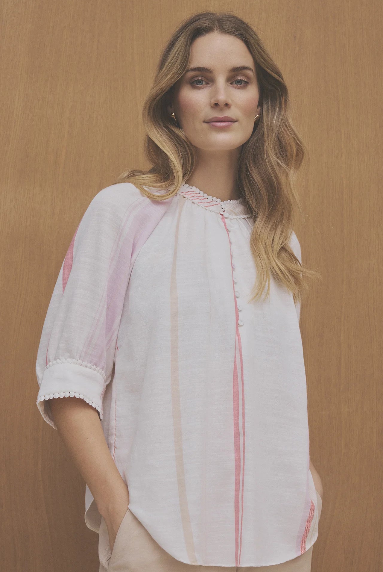 Gustav Annsophie pink cream striped blouse front view