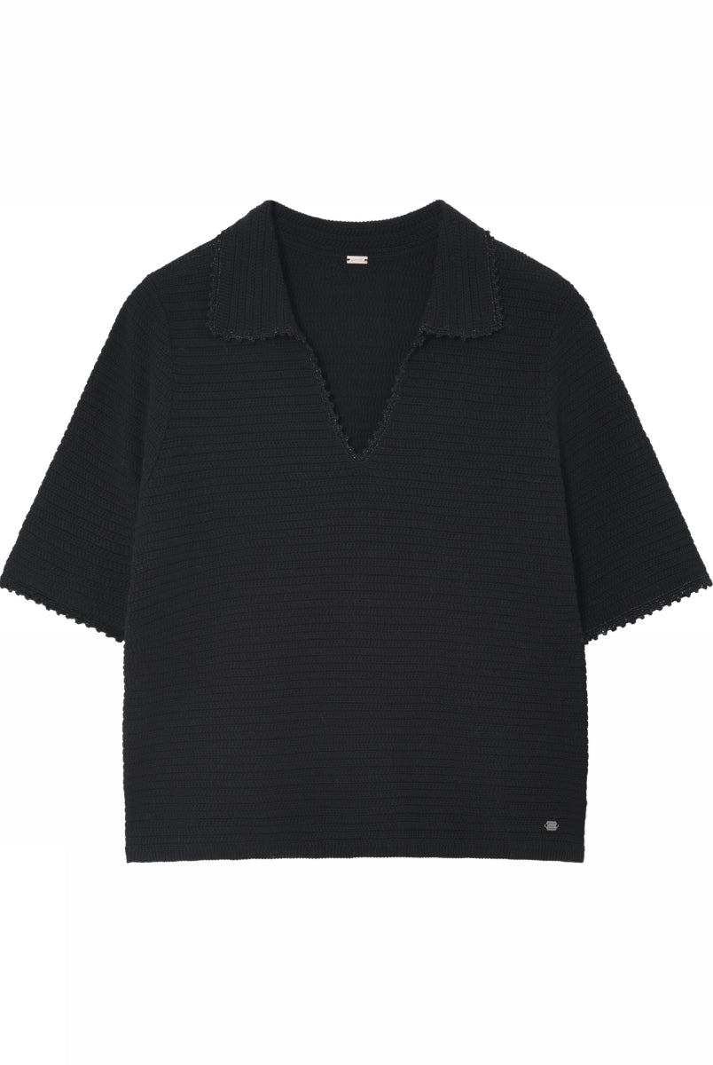 Gustav Isobel black short sleeve collared V-neck knit jumper front view