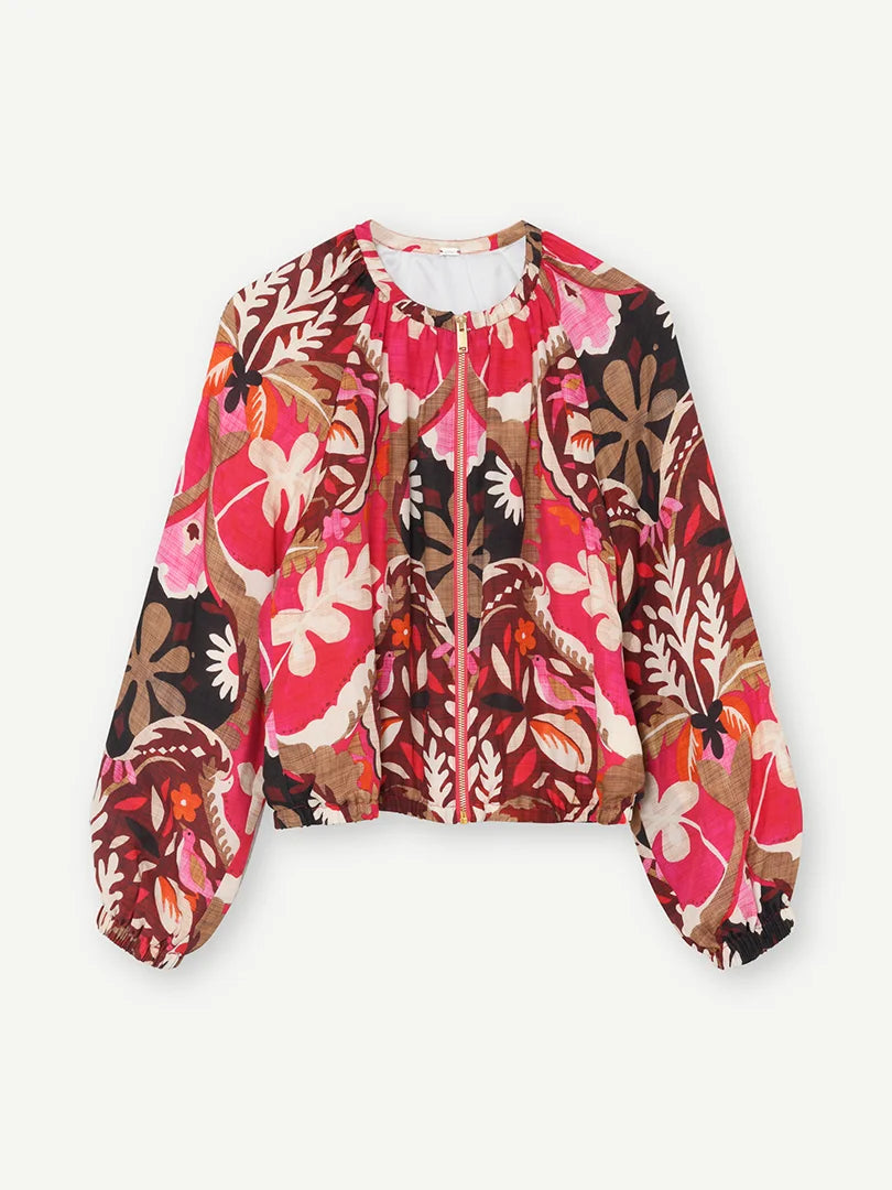 Gustav Mikie Berry Multi floral print zip shirt jacket with long sleeves – front product view
