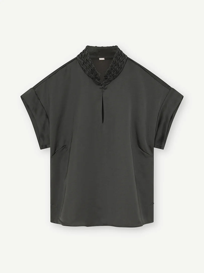 Gustav Clarina khaki satin blouse with braided collar and keyhole neckline