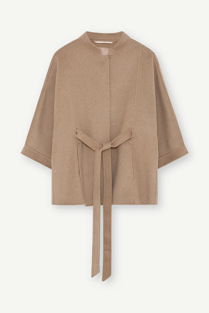 Gustav Dua camel wool blend belted cape style jacket with wide three-quarter sleeves.