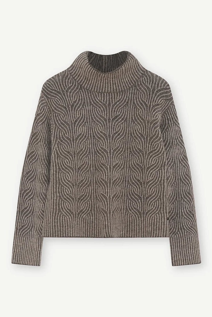 Gustav Marita grey brown melange wool cable knit jumper with high neckline and long sleeves.