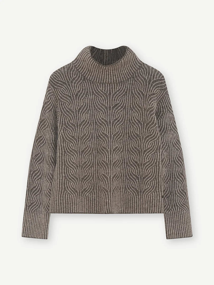 Gustav Marita grey brown melange wool cable knit jumper with high neckline and long sleeves.
