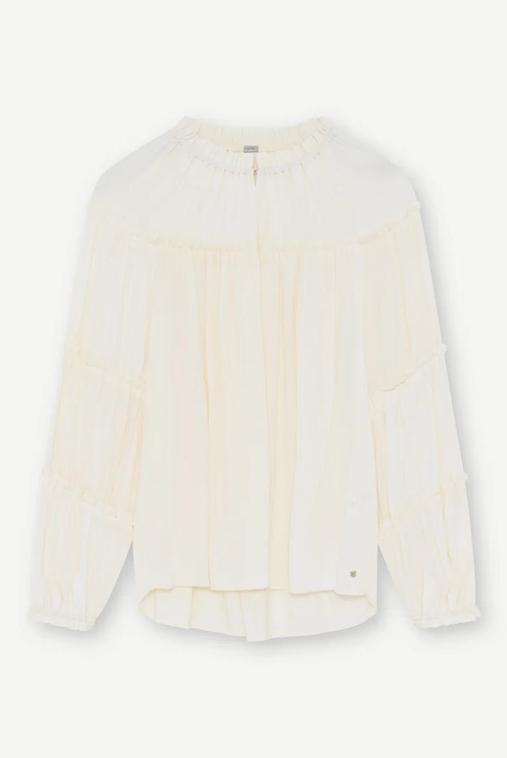 Gustav Annsofie off-white pleated blouse showing back yoke, long sleeves and relaxed silhouette.