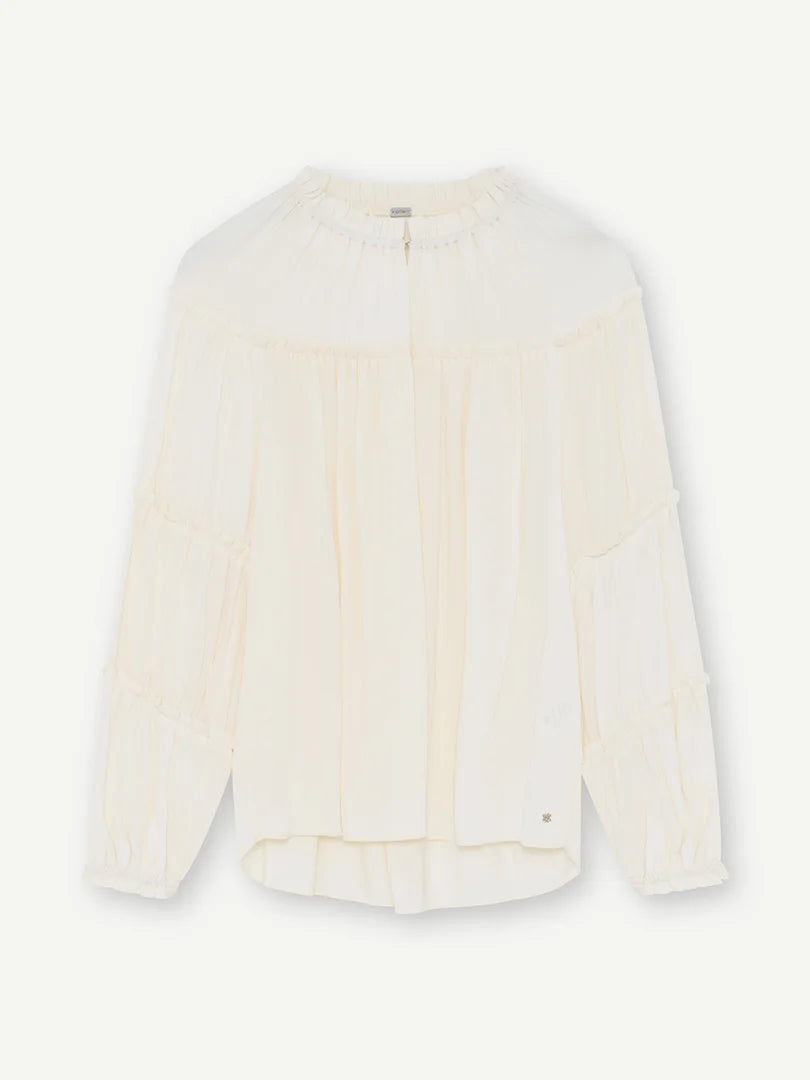 Gustav Annsofie off-white pleated blouse showing back yoke, long sleeves and relaxed silhouette.