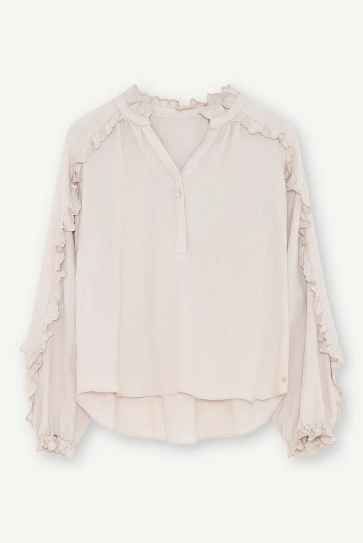 Gustav Annsofie almond blouse with cascading ruffle sleeves and gathered neckline – front view