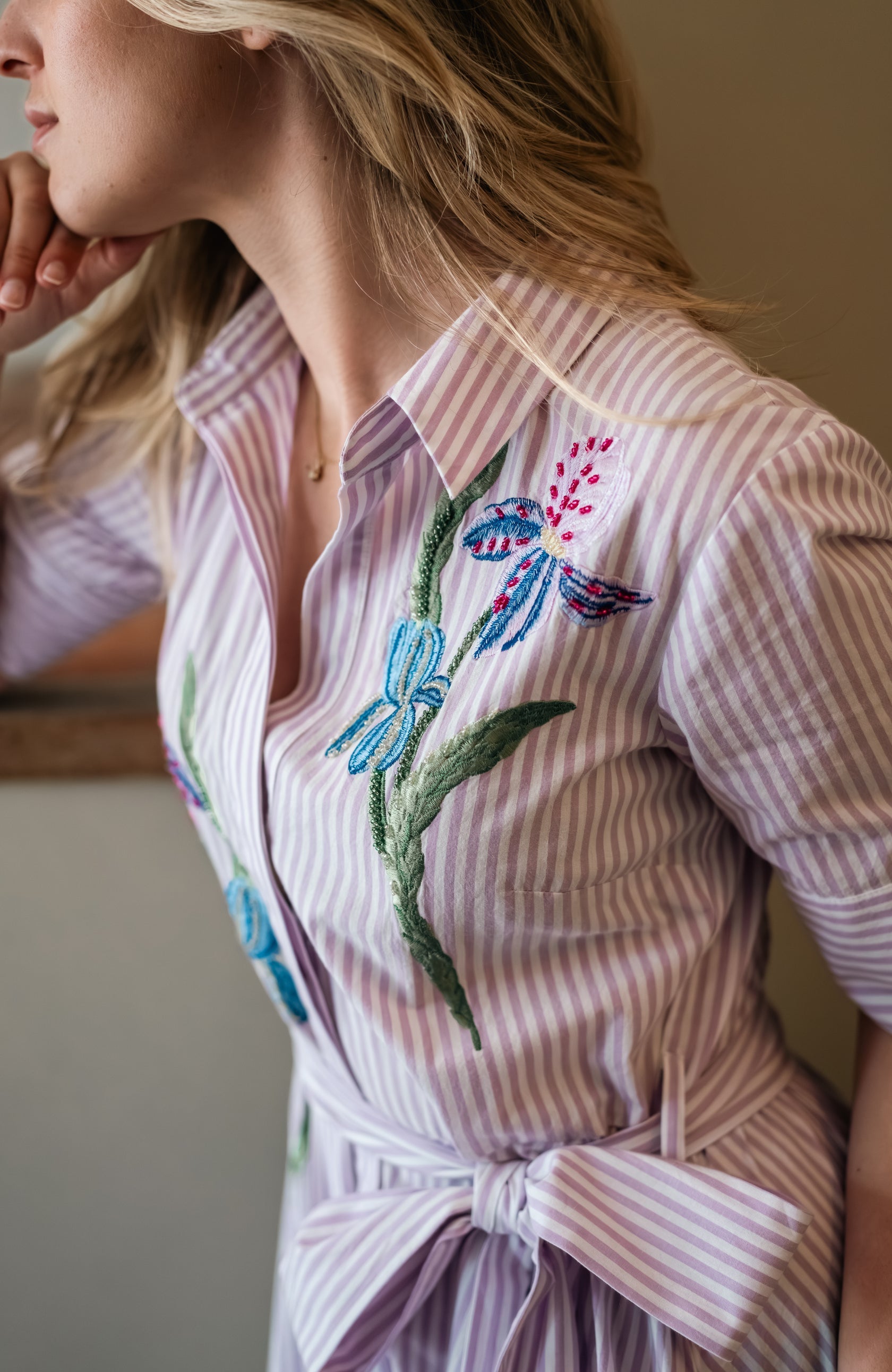 Hope & Ivy Merrin wedding guest shirt dress in lilac stripe