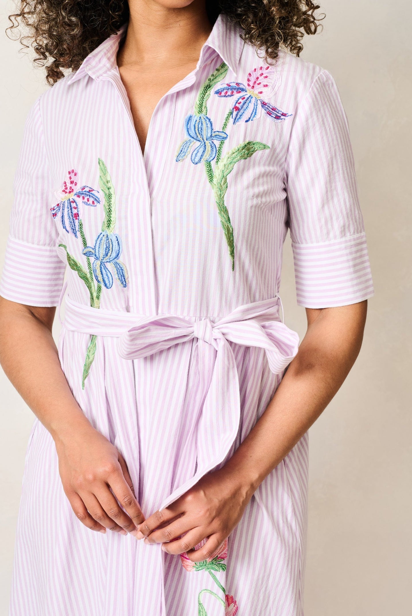 Hope & Ivy Merrin lilac pinstripe dress with tie waist detail