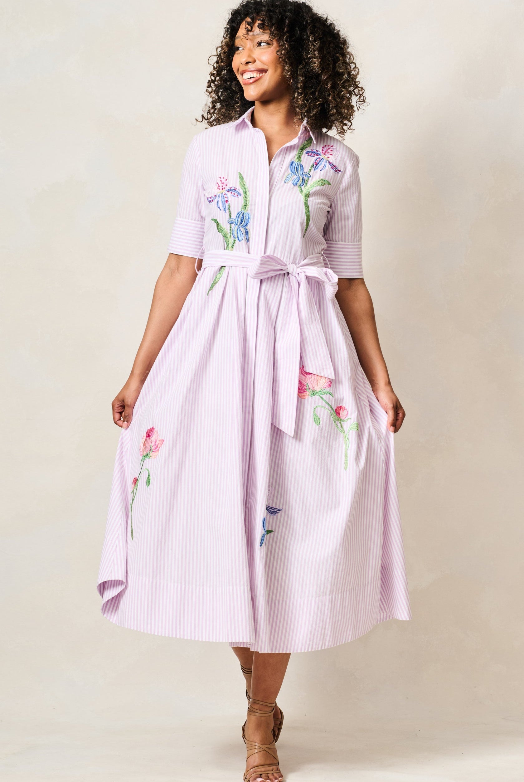 Hope & Ivy Merrin lilac stripe embroidered midi shirt dress