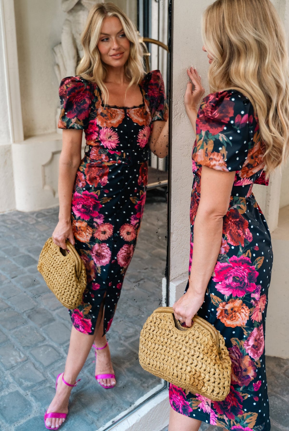 Hope & Ivy Rinna black and pink floral belted midi dress – lifestyle mirror view