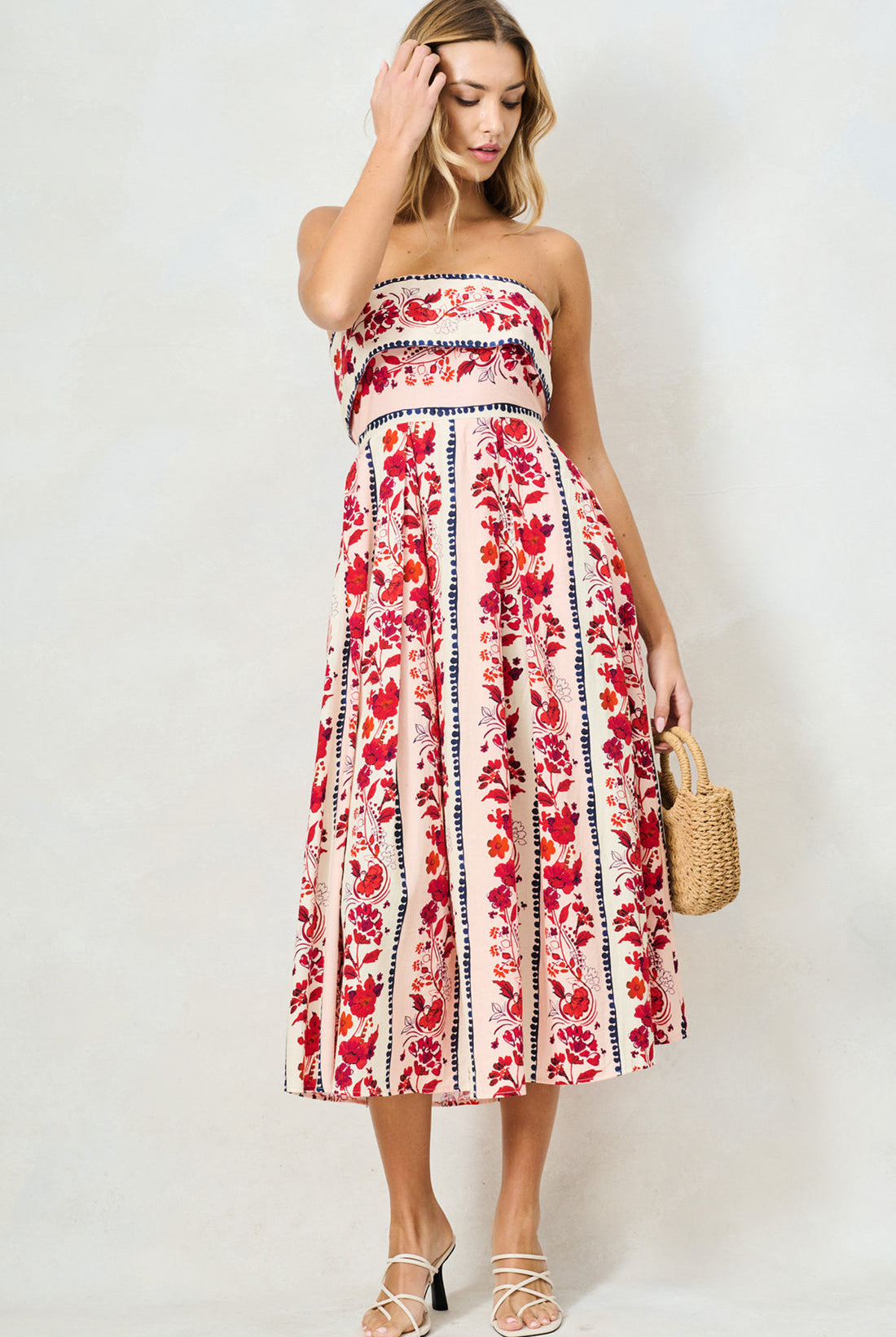 Pink floral bandeau midi dress side profile by Hope & Ivy