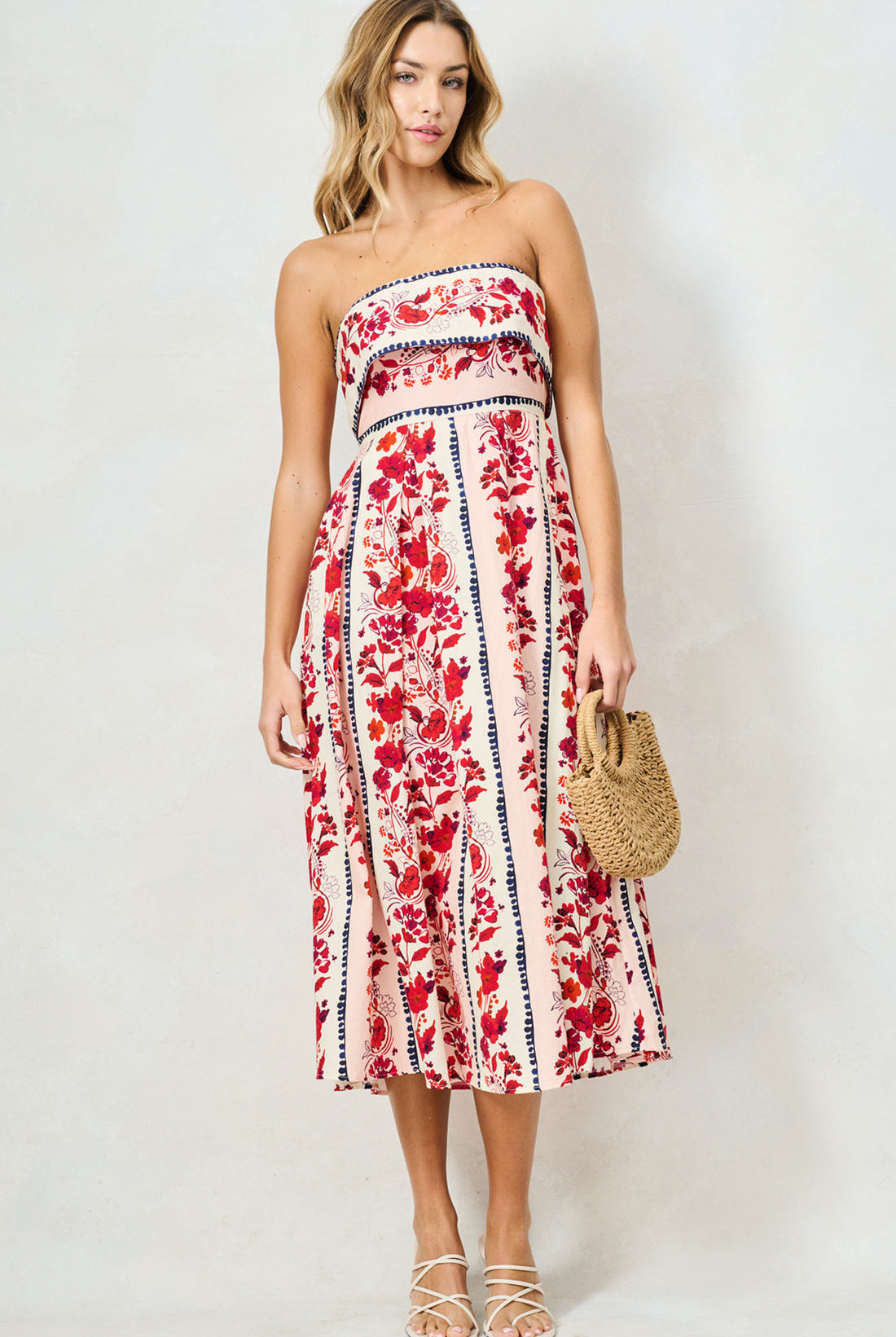 Hope & Ivy Billy pink floral border print bandeau midi dress