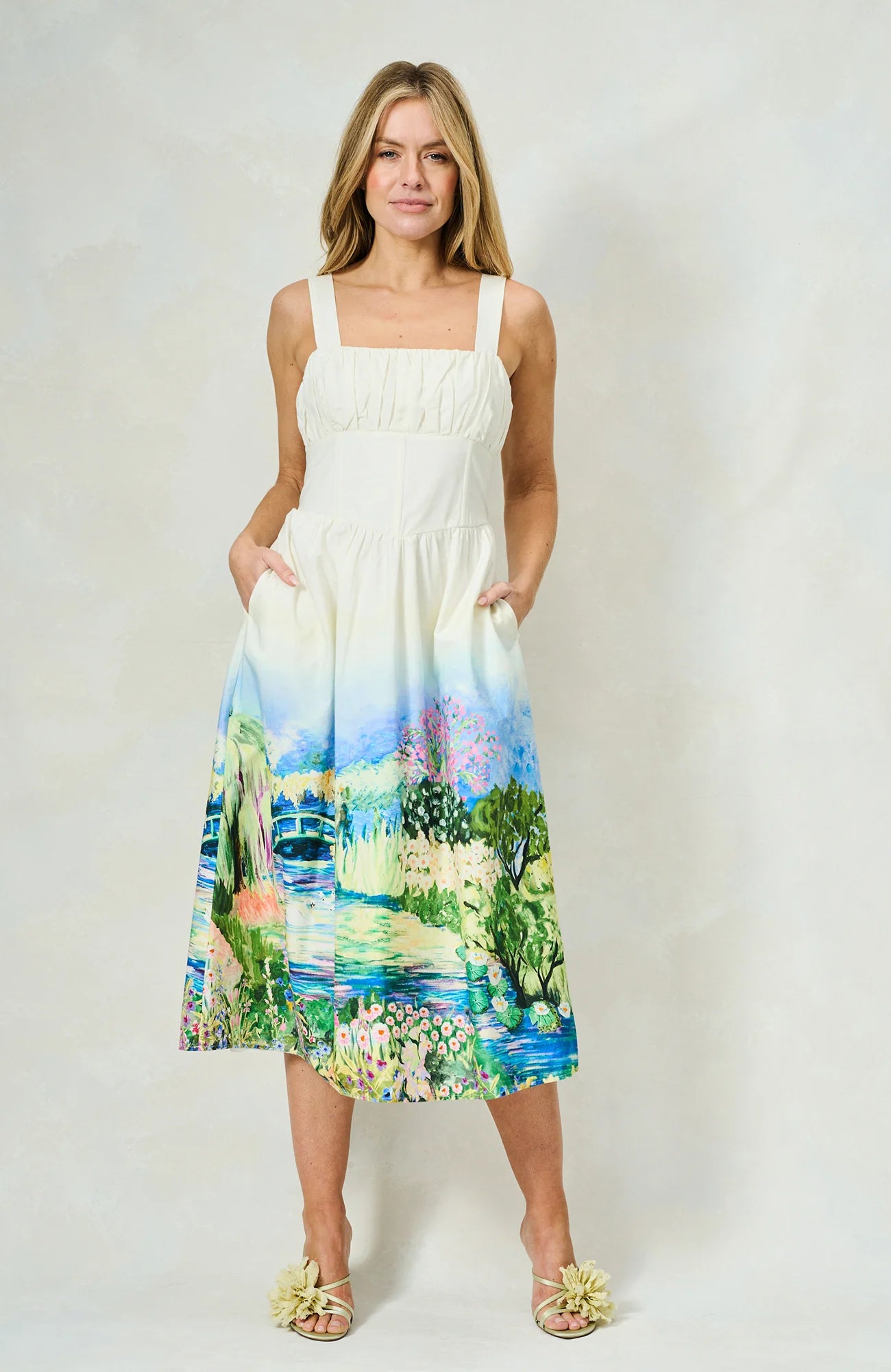 Hope & Ivy Celine floral garden print dress in soft pastel tones – model view