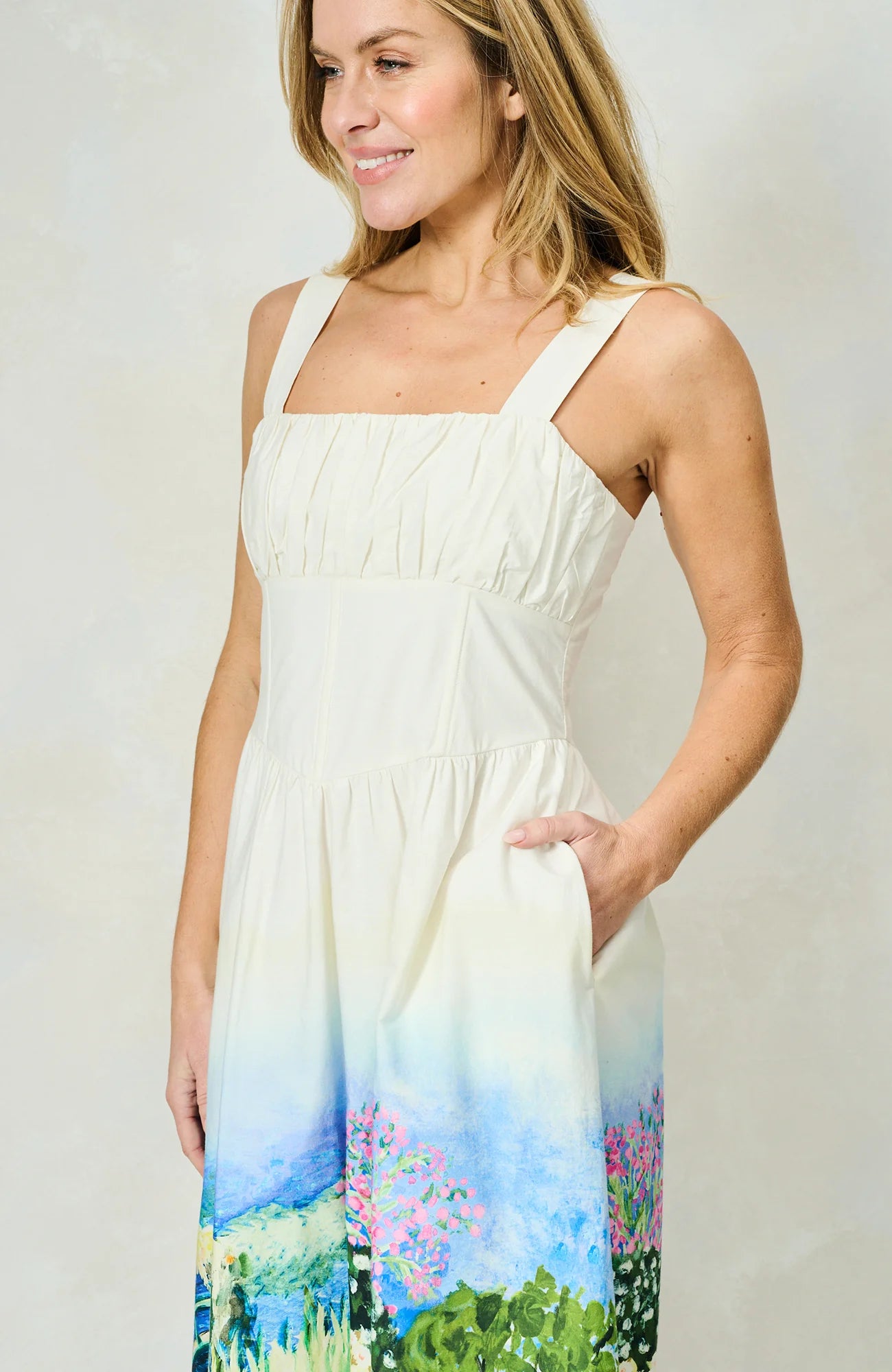 Close-up of Hope & Ivy Celine sundress bodice with wide straps and square neckline