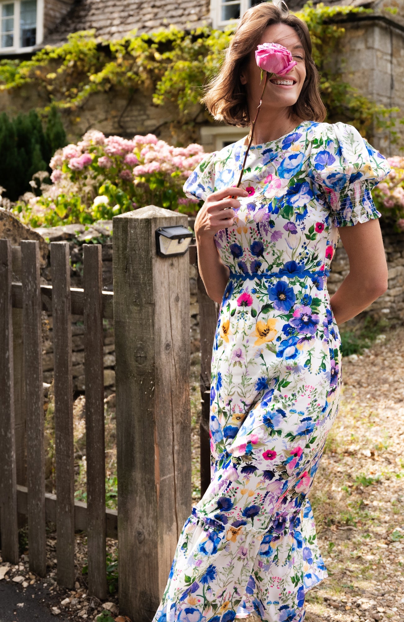 Hope & Ivy floral maxi dress garden setting full length