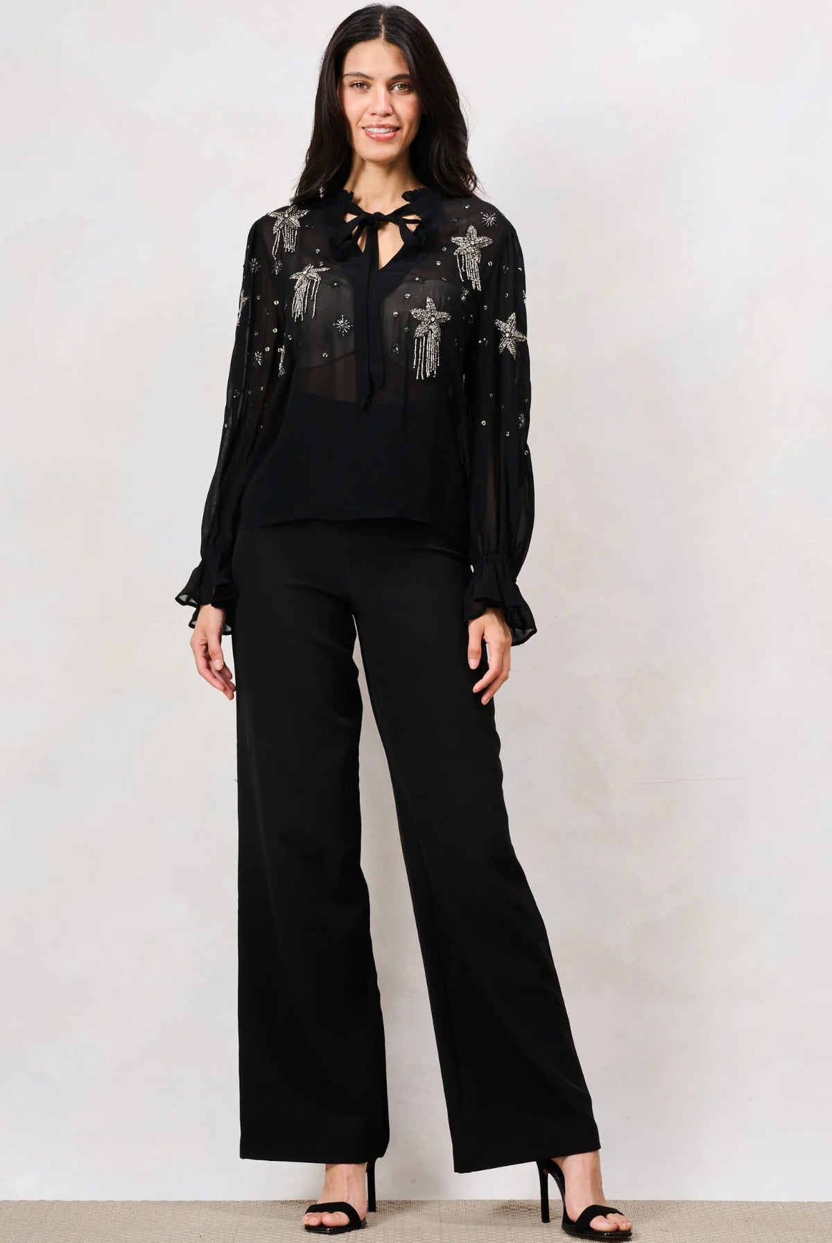 Hope & Ivy Elaris black star embellished mesh top with long sleeves – full front model view