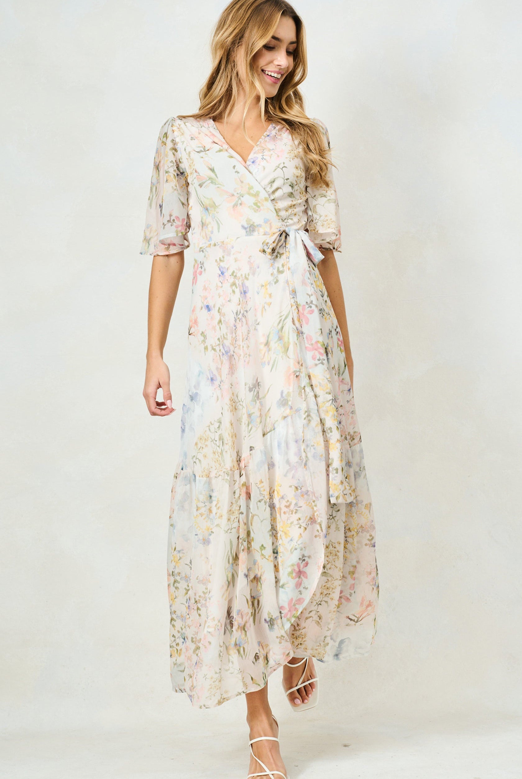 Hope & Ivy Haven floral maxi wrap dress with flutter sleeves