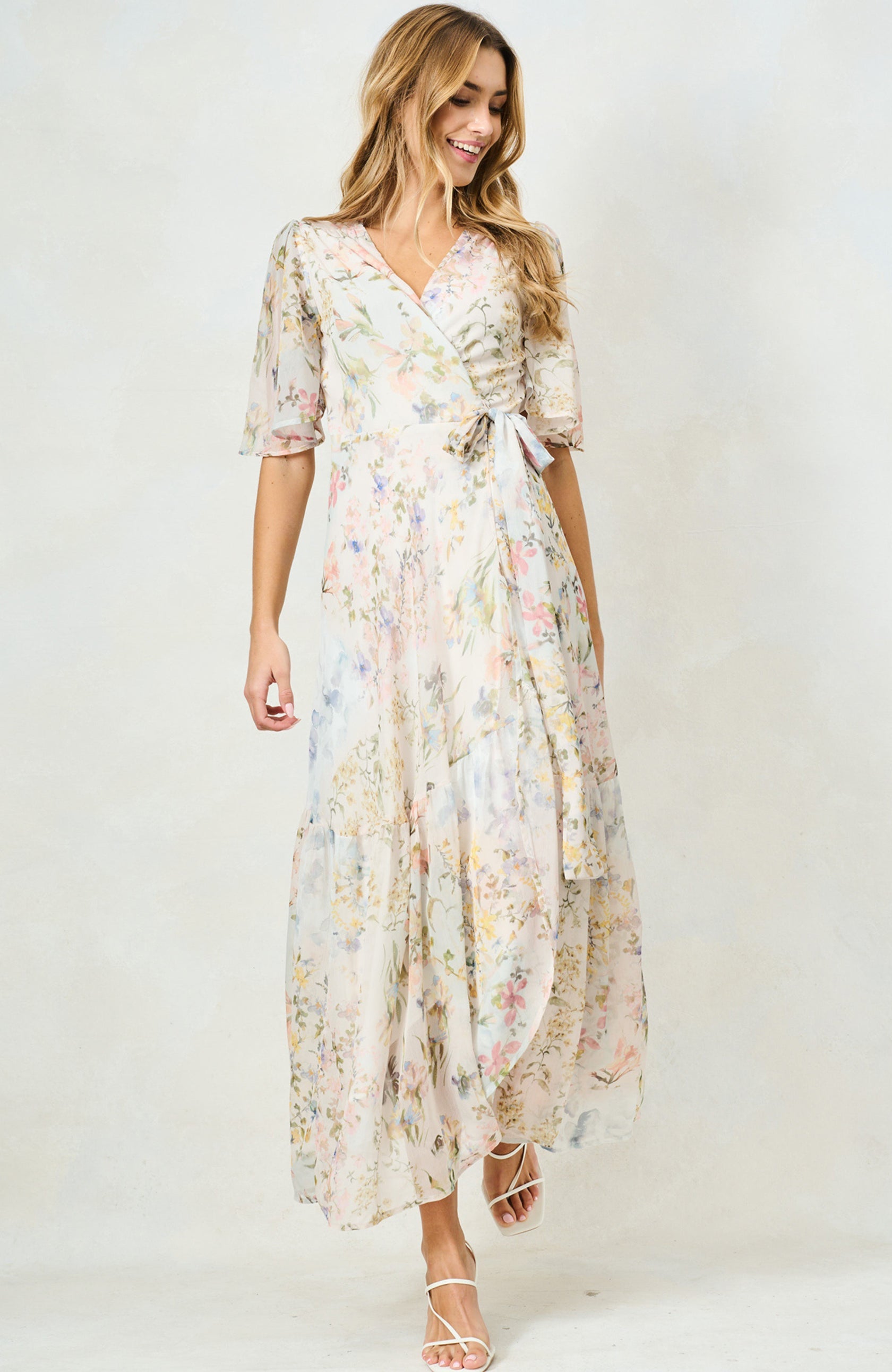 Hope & Ivy Haven floral maxi wrap dress with flutter sleeves