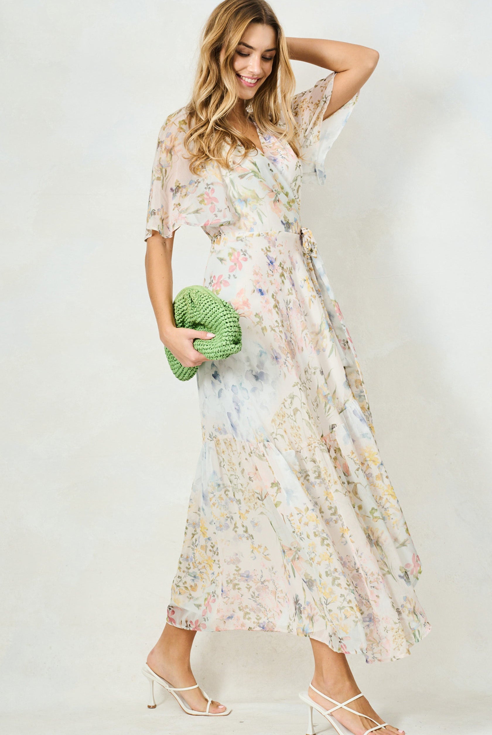 Hope & Ivy Haven pastel floral wrap dress side view