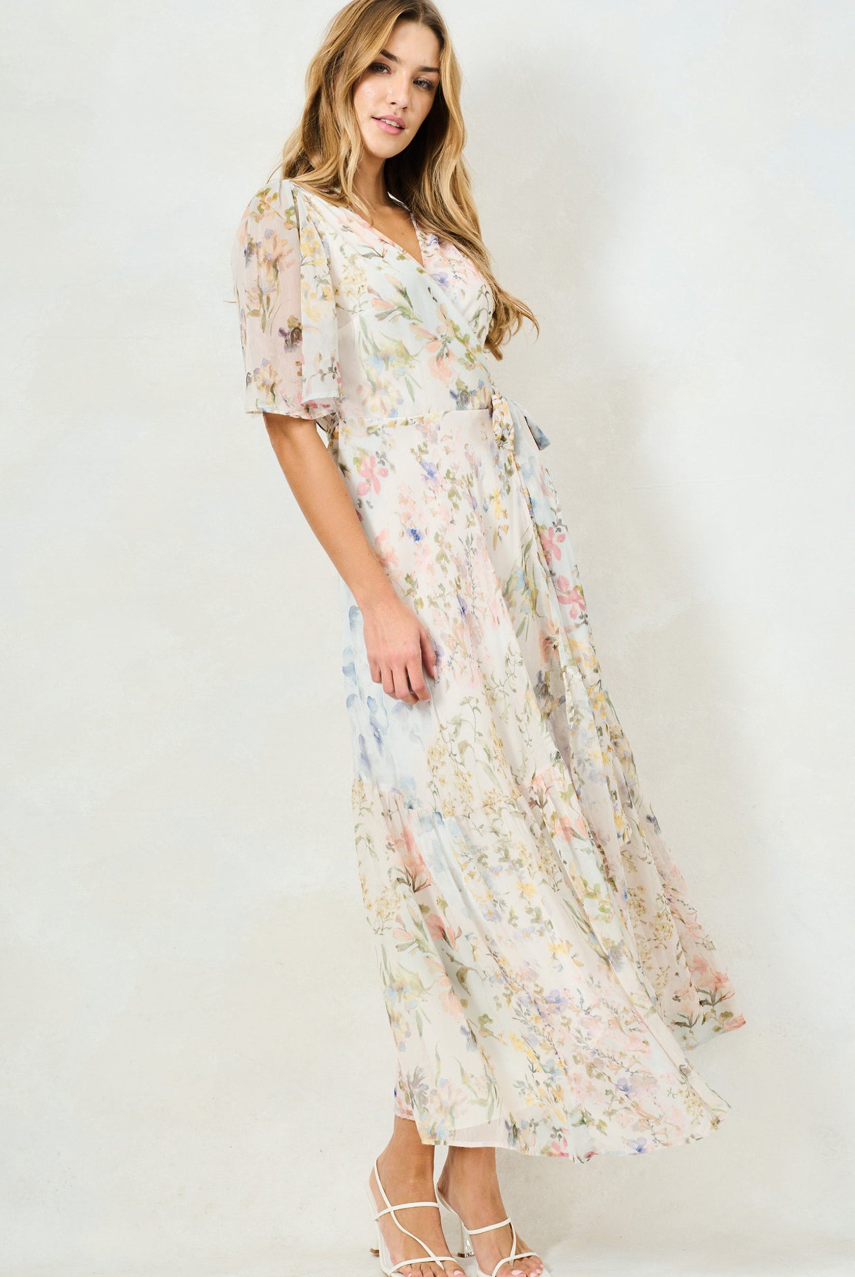 Hope & Ivy Haven chiffon wedding guest maxi dress with tie waist detail