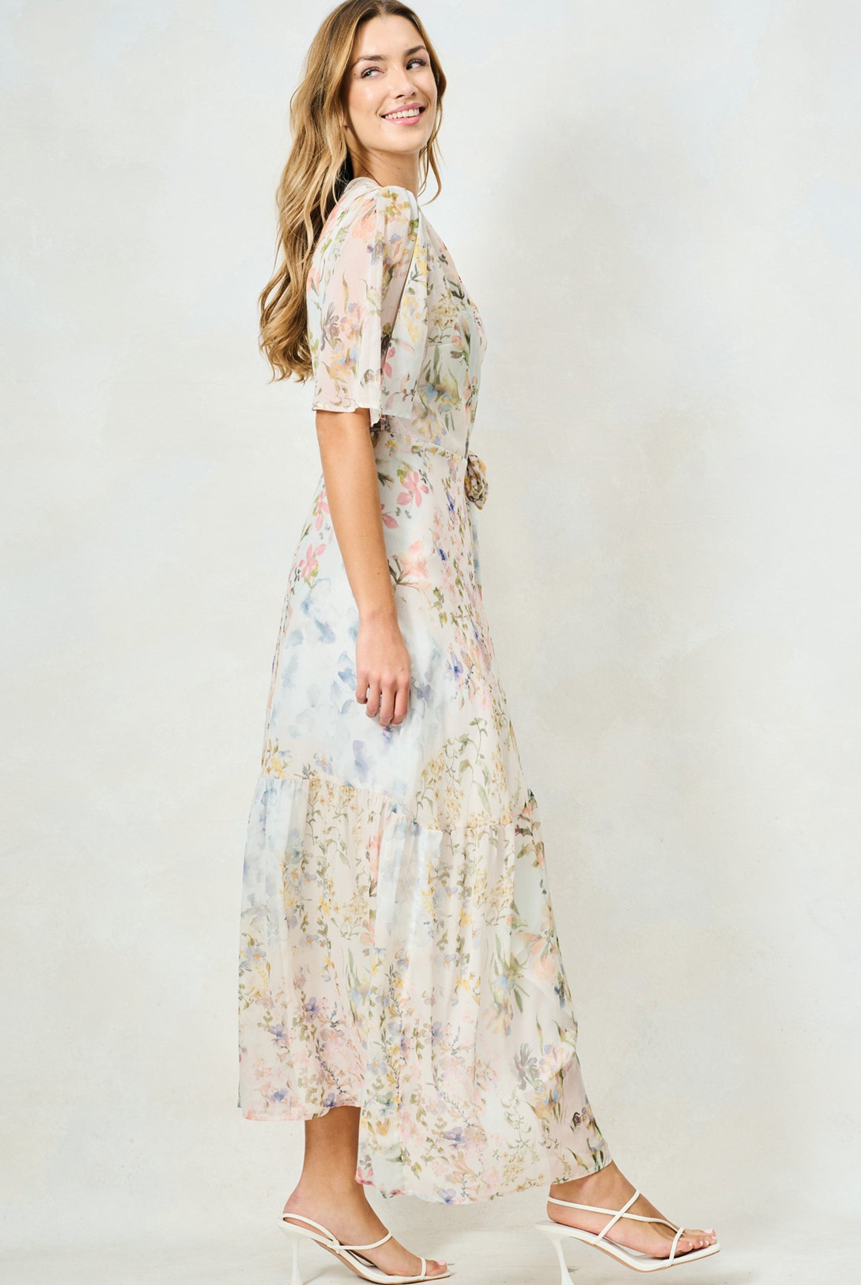 Hope & Ivy Haven floral wrap dress side profile