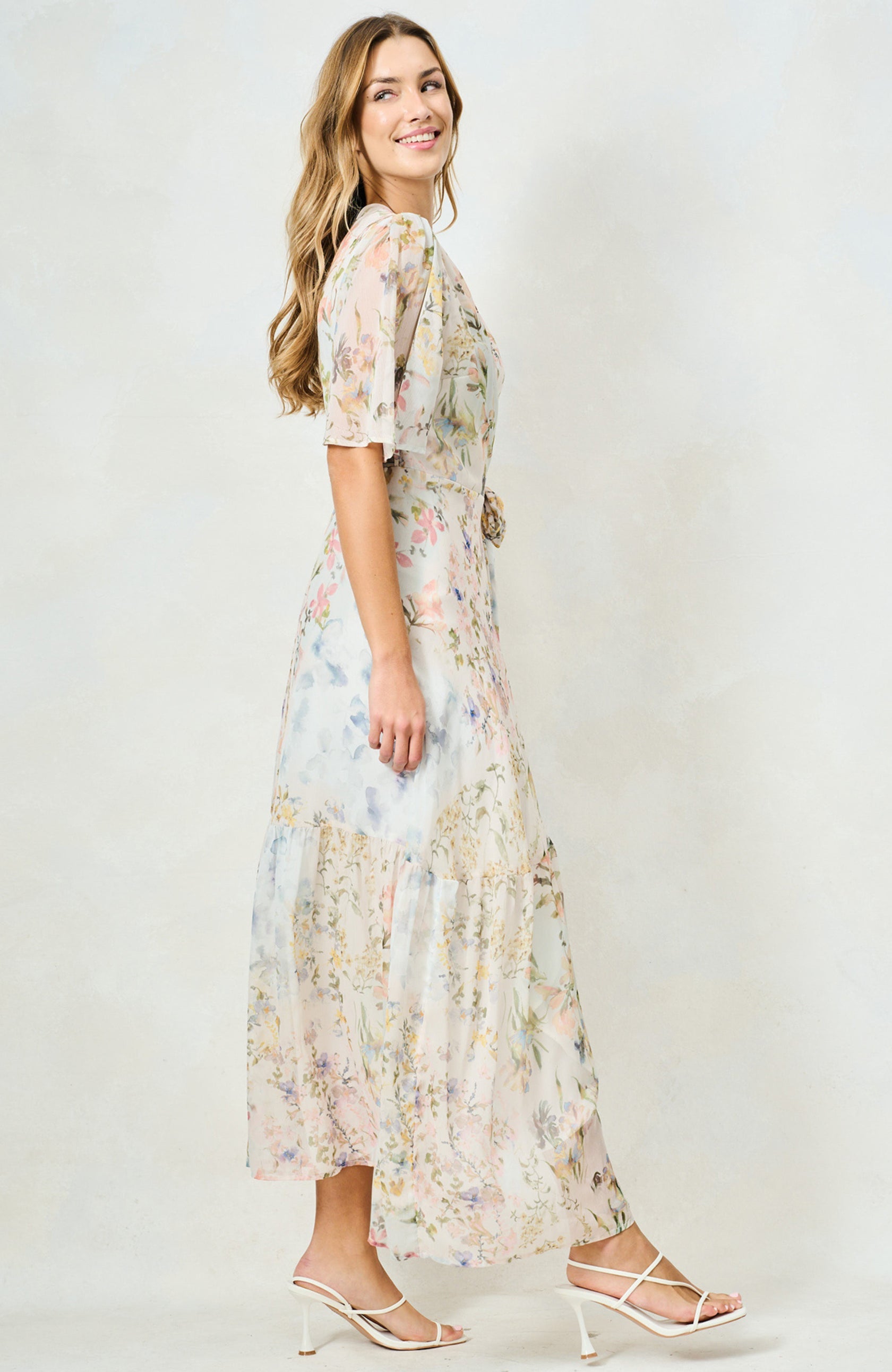 Hope & Ivy Haven floral wrap dress side profile