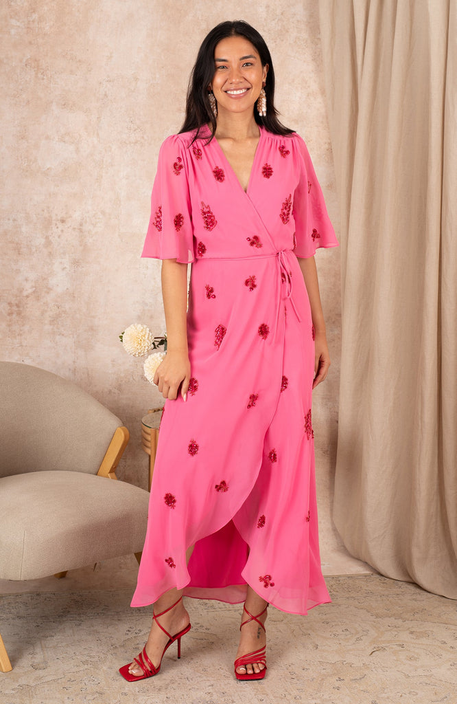 Hope & Ivy Hebe Pink Embellished Wrap Style Flutter Sleeve Dress