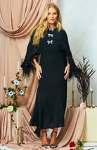 Hope & Ivy Helena black feather trim midi dress with three bows