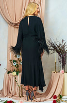 Hope & Ivy Helena event dress with feather-trim sleeves and cascading skirt – back angle