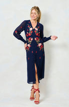 Hope & Ivy Jodie navy embroidered midi dress with long sheer sleeves