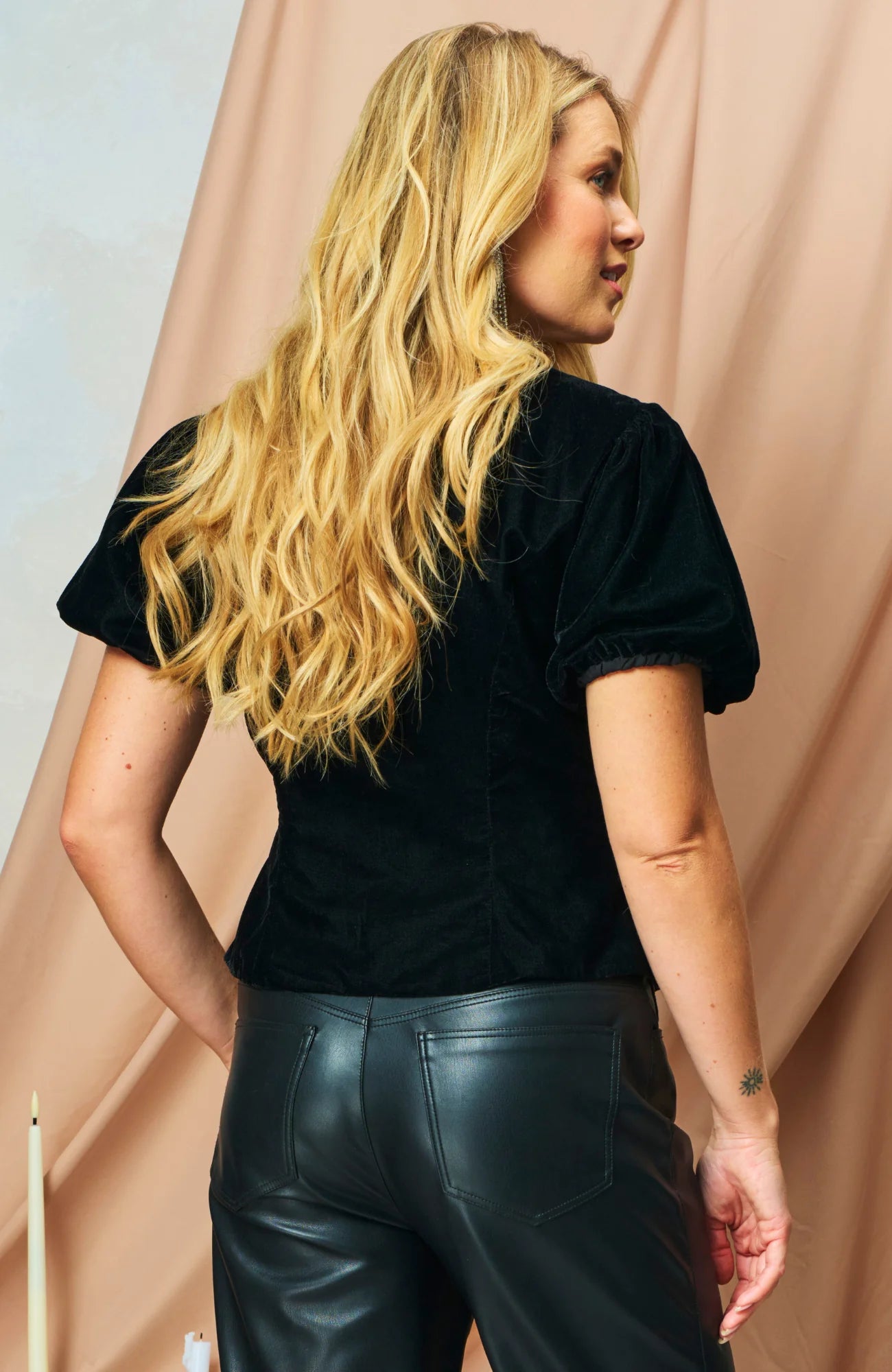 Hope & Ivy Layla velvet blouse styled with black trousers Back