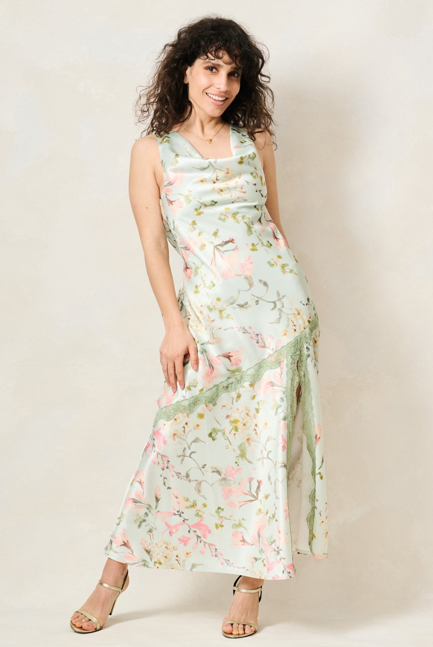 Hope & Ivy Loralie green floral cowl neck maxi dress front view